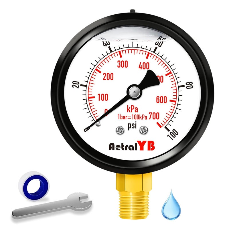 AetralYB 100 Psi Lead-Free 2.5 Inch Pressure Gauge Stainless Steel Case, Liquid Filled, 1.6% Accuracy,1/4" NPT Lower Mount, IP67 Waterproof for Portable Water,Pneumatic Air,RV Hose, Tank, Gas - Image 1